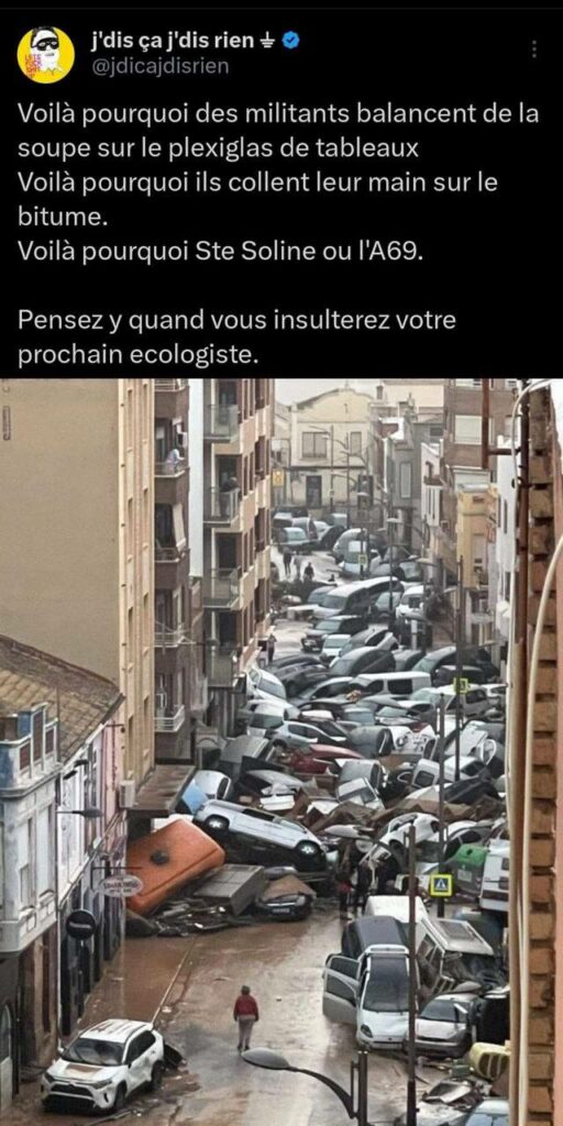 ALT : Tweet de J’dis ça j’dis rien le 30/10/2024. Photo de dizaines de voitures embouties dans une rue suite aux inondations en Espagne. 
Texte : 
« Voilà pourquoi des militants balancent de la soupe sur le plexiglas de tableaux
Voilà pourquoi ils collent leur main sur le bitume. 
Voilà pourquoi Ste Soline ou l'A69.

Pensez y quand vous insulterez votre prochain ecologiste. »